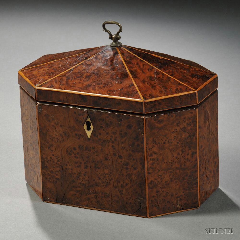 Appraisal: George III Amboyna-veneer Tea Caddy England c octagonal with satinwood