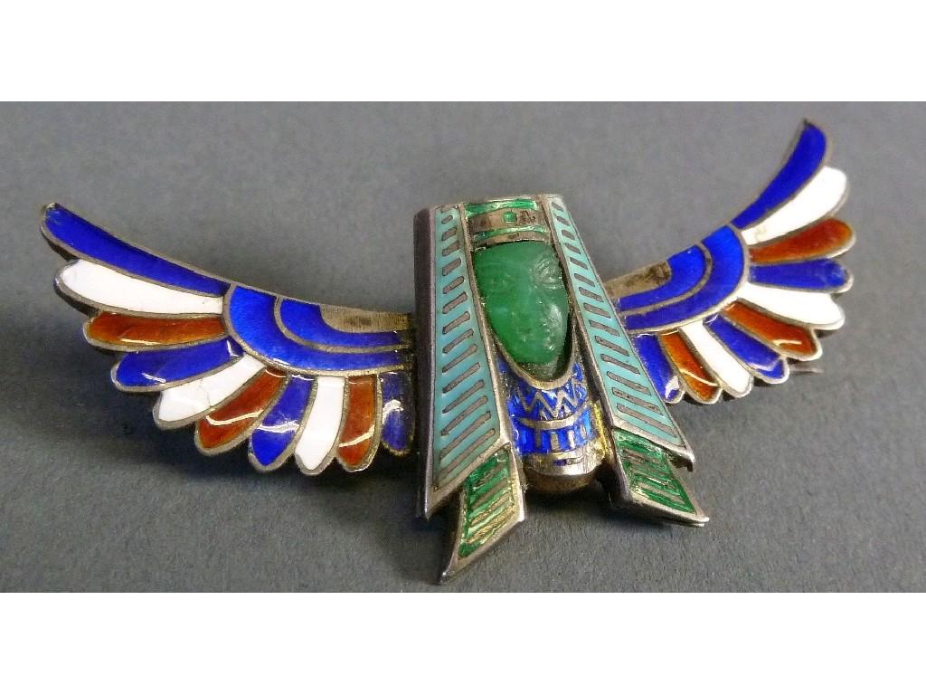 Appraisal: CONTINENTAL SILVER AND CLOISONNE ENAMELLED EGYPTIAN STYLE WINGED HEAD BROOCH