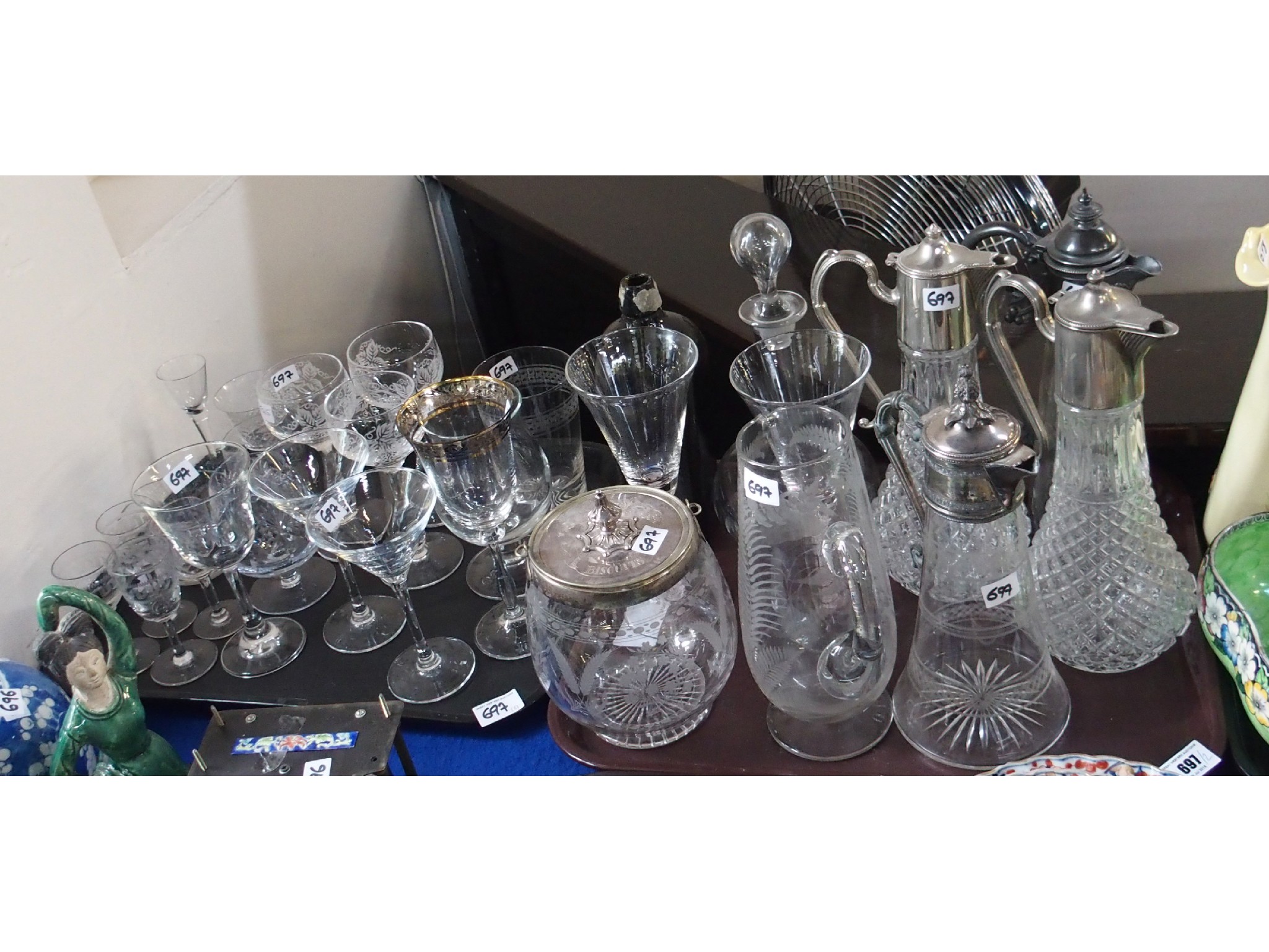 Appraisal: Assorted etched glass items including claret decanters jug biscuit barrel