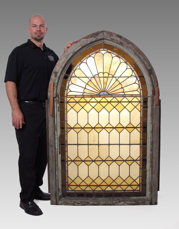 Appraisal: VINTAGE ARCHED STAIN GLASS WINDOW Fan shape top with panels