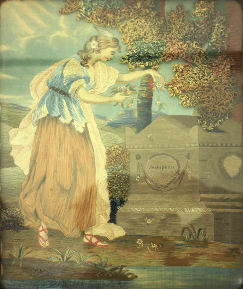 Appraisal: AN ANTIQUE SILKWORK PICTURE depicting a young woman making an