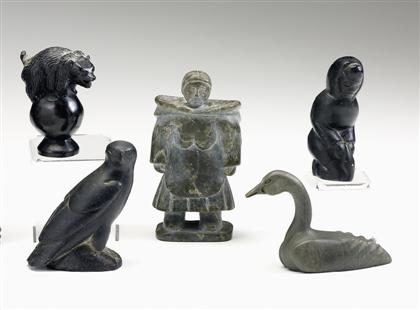 Appraisal: Five carved stone Inuit sculptures th century Including one swan