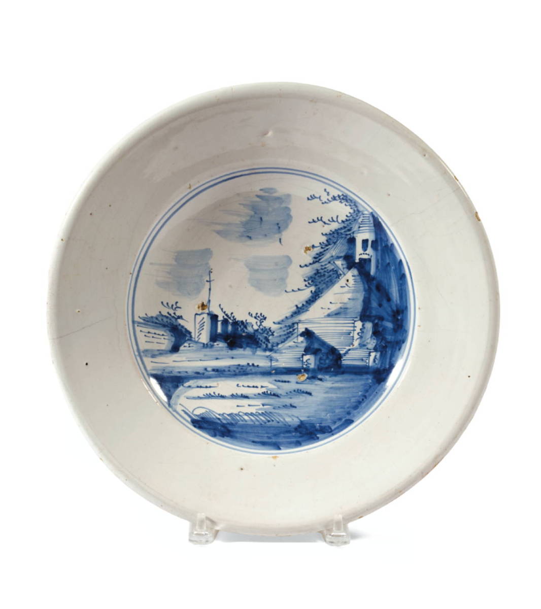 Appraisal: CONTINENTAL TIN-GLAZED BLUE AND WHITE DISH EIGHTEENTH CENTURY Painted with