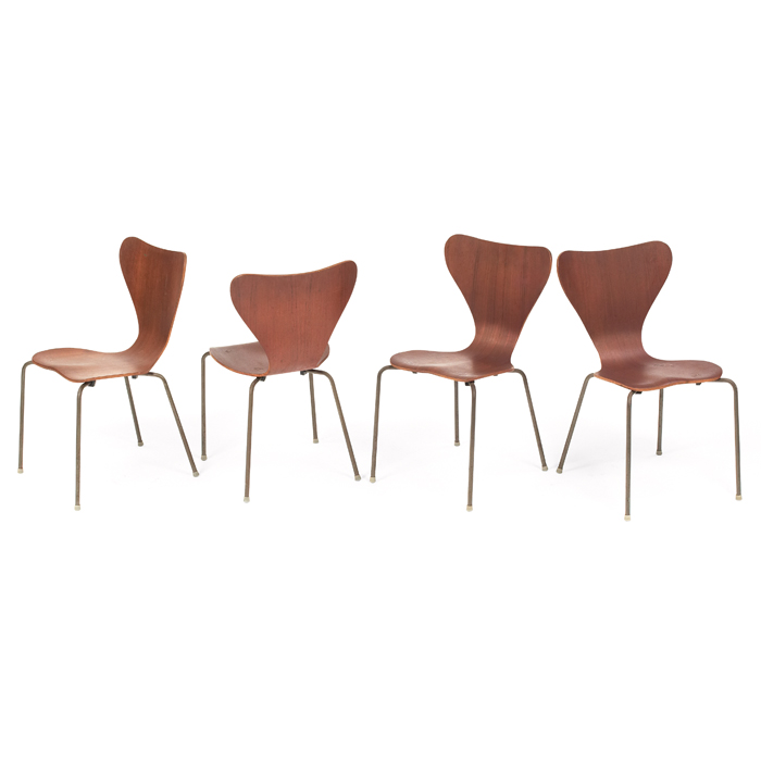 Appraisal: Danish chairs four style of Arne Jacobsen teak plywood with