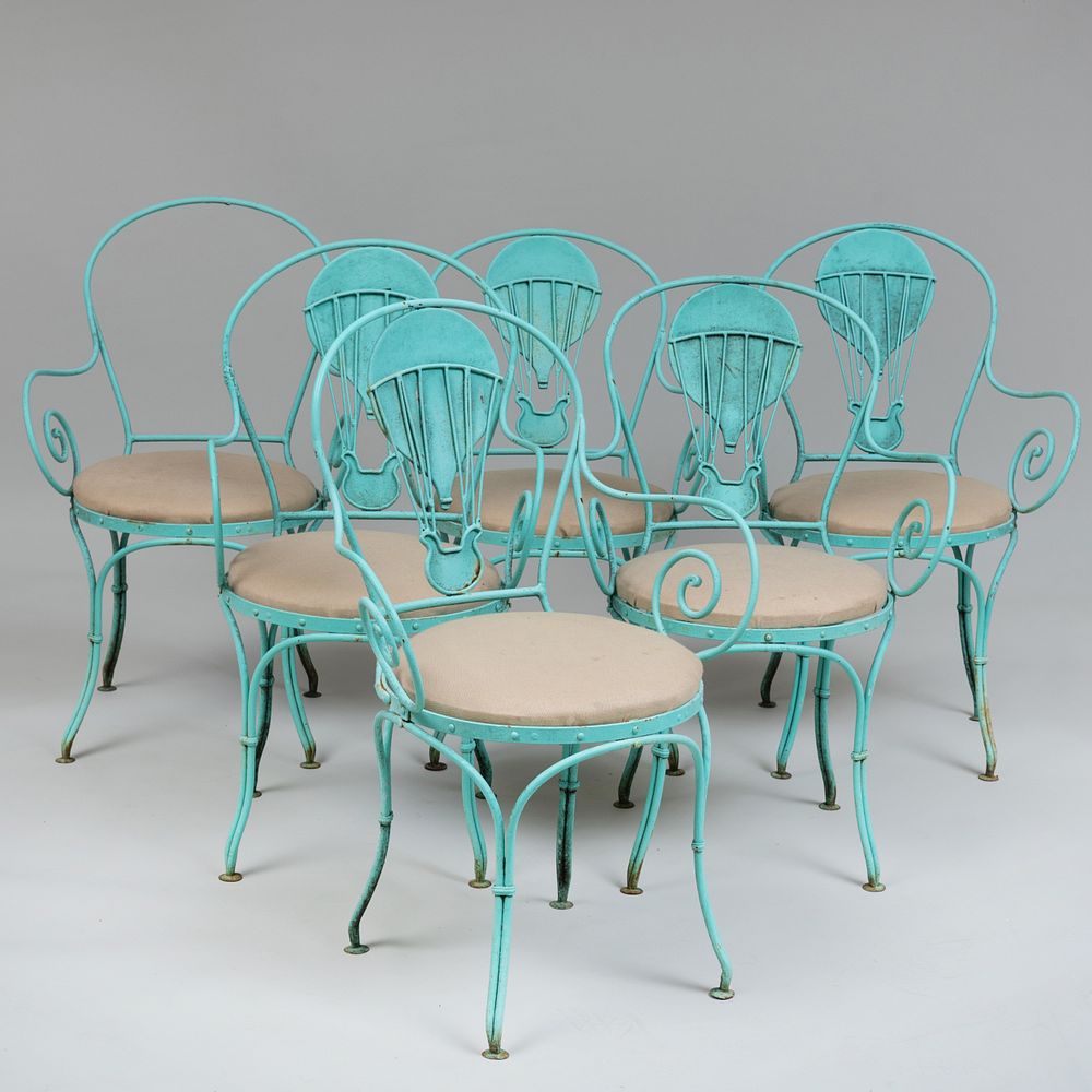 Appraisal: Six French Blue Painted Balloon-Back Caf Chairs Each with an