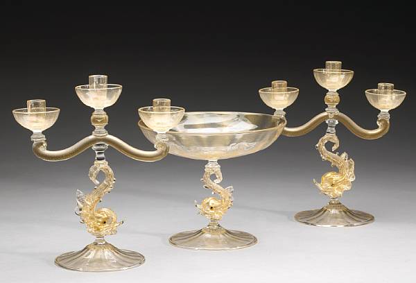 Appraisal: An Italian Murano gold flecked glass three piece garniture first