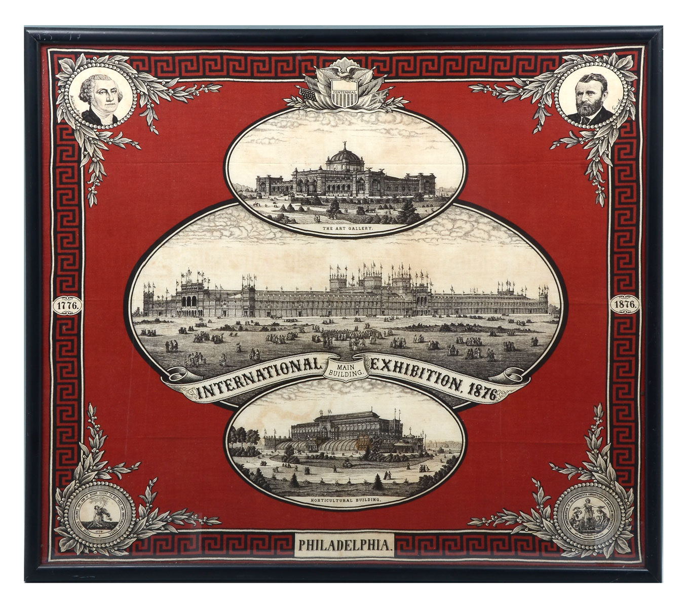 Appraisal: INTERNATIONAL EXHIBITION FRAMED SCARF Centennial International Exhibition cotton scarf having