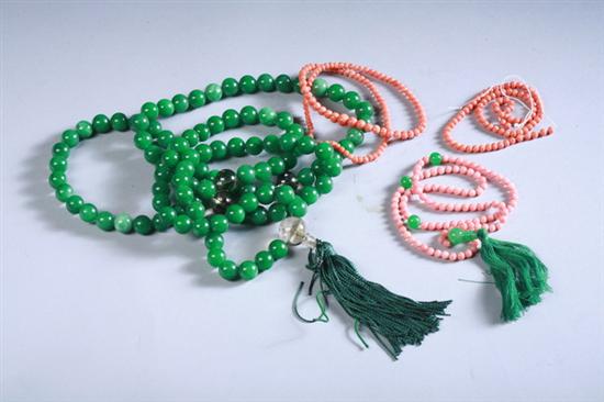 Appraisal: CHINESE MANDARIN GREEN JADEITE AND CORAL BEAD NECKLACES