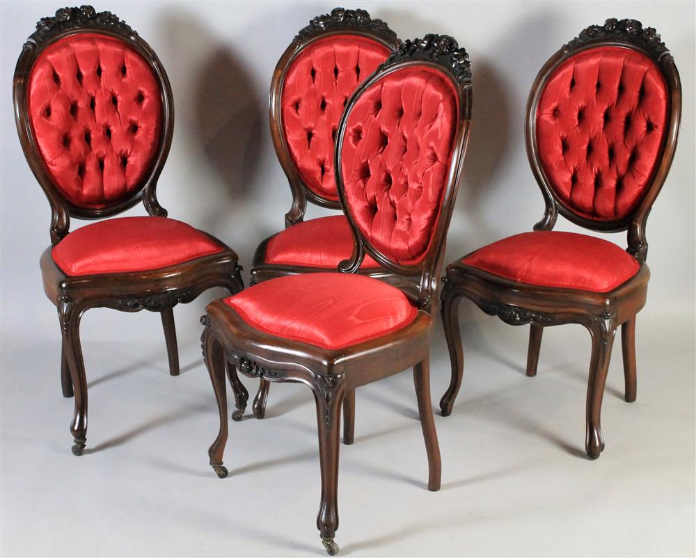 Appraisal: SET OF FOUR VICTORIAN ROCOCO REVIVAL UPHOLSTERED MAHOGANY SIDE CHAIRS