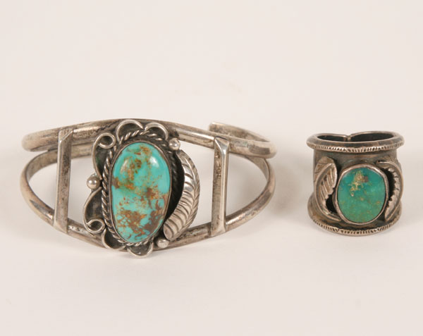 Appraisal: Native American silver and turquoise bracelet and ring with polished