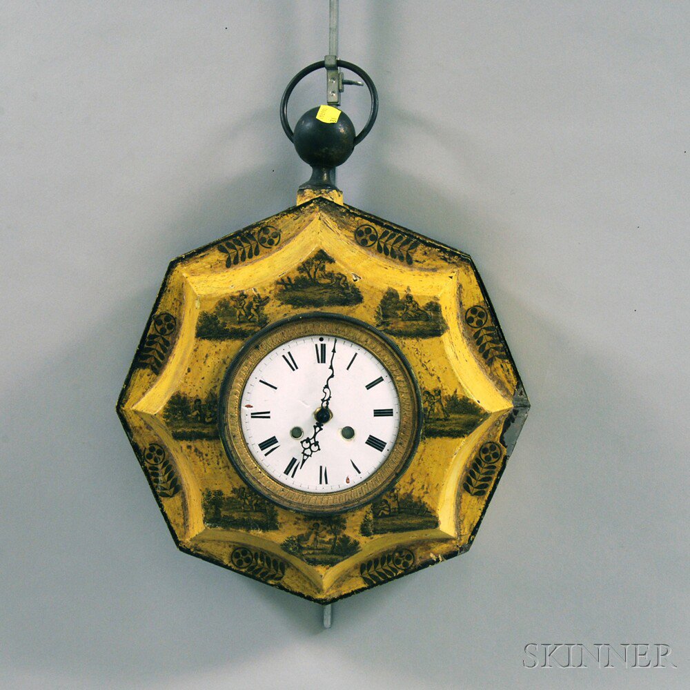 Appraisal: Yellow-painted and Decoupage-decorated Tole Wall Clock the enameled dial with