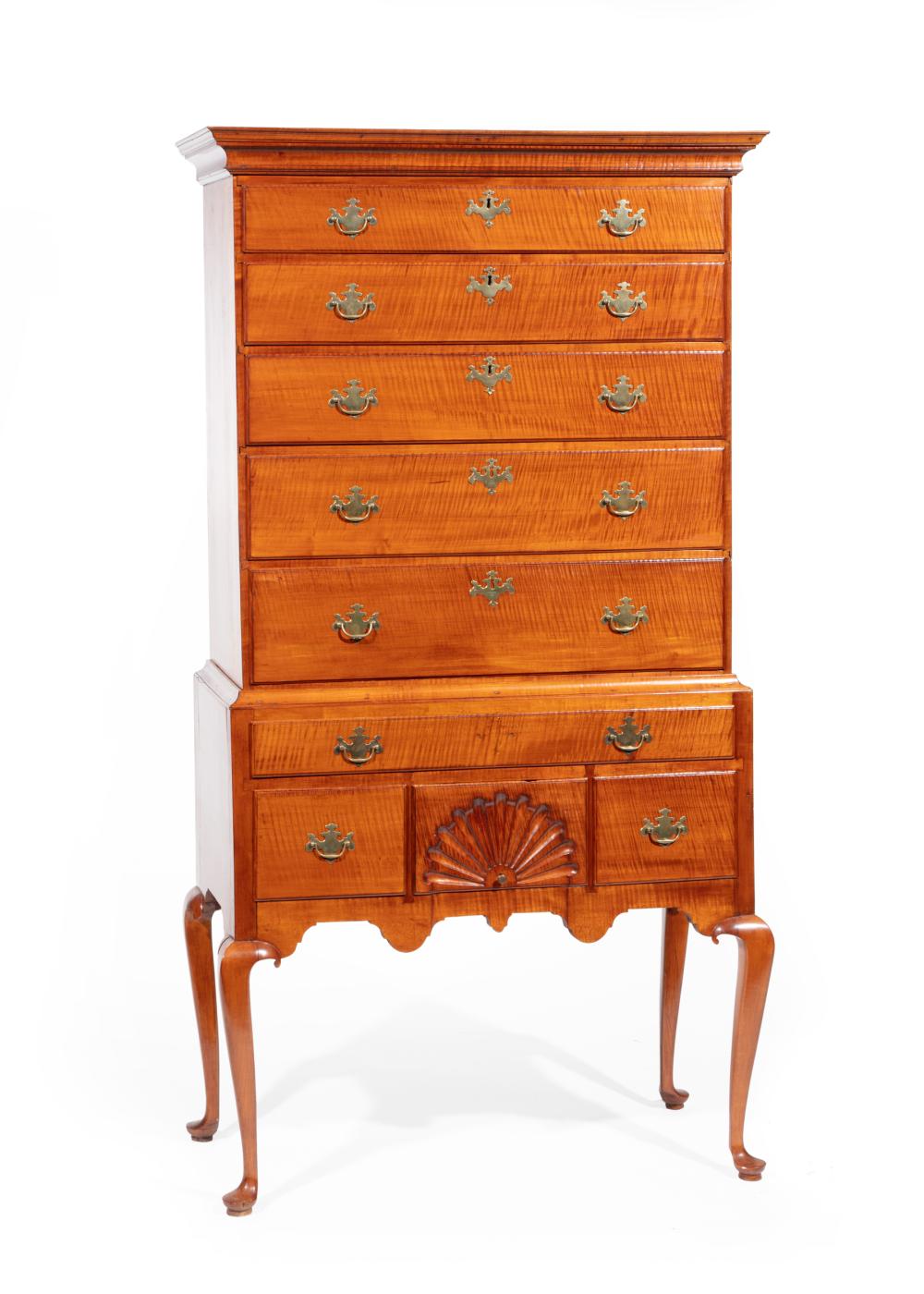 Appraisal: Rare New England Queen Anne Tiger Maple Highboy c Salem