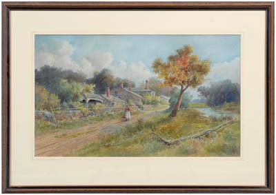 Appraisal: Louis Kelly watercolor woman strolling on a road between houses