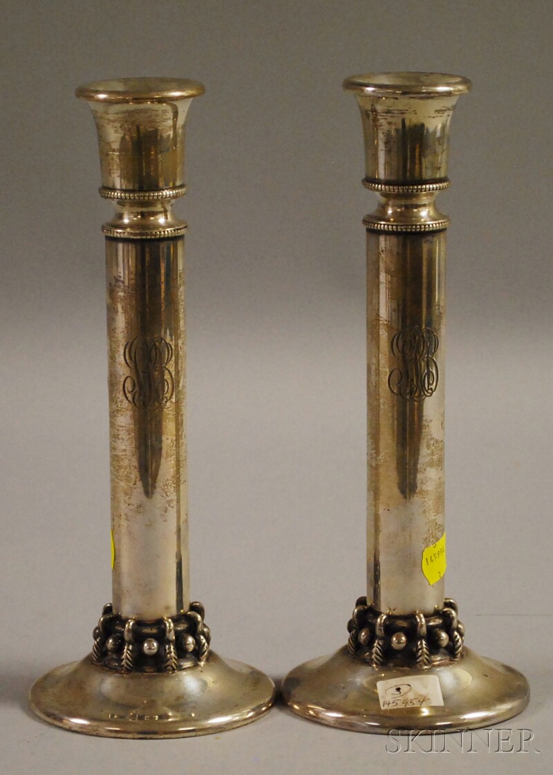 Appraisal: Pair of Hamilton Sterling Silver Columnar Candlesticks th century cylindrical