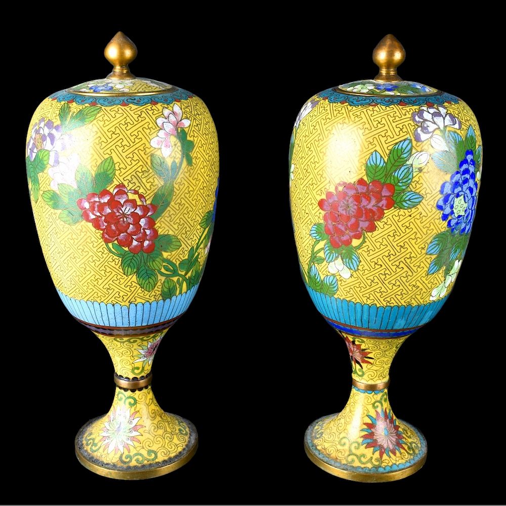 Appraisal: Chinese Cloisonne Covered Vases Pair of Chinese Cloisonne Enamel Pedestal