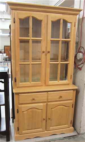 Appraisal: CHINA DISPLAY CABINET ON BUFFET American antique reproduction light birch