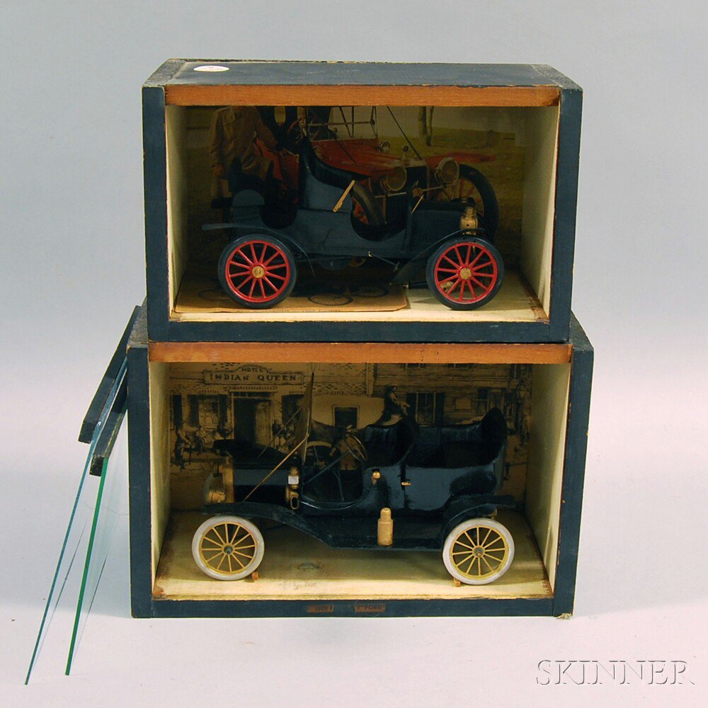 Appraisal: Two Painted Wood Model Cars in Wood and Glass Cases