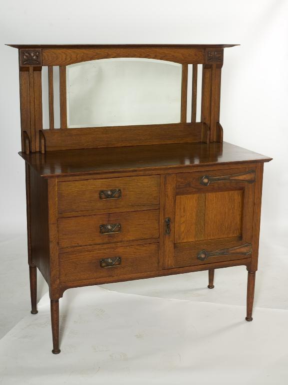 Appraisal: HARRIS LEBUS ARTS CRAFTS SMALL GOLDEN OAK MIRROR-BACKED SIDEBOARD the