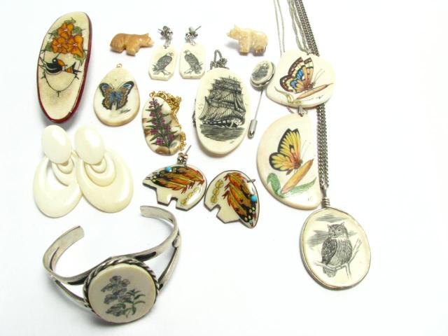 Appraisal: Group of Modern Scrimshaw and Bone Jewelry including pair of