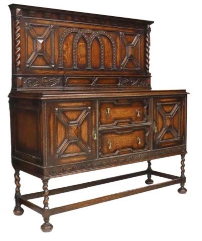 Appraisal: English Jacobean style oak sideboard th c backsplash with carved