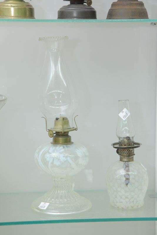 Appraisal: GROUP OF TWO OPALESCENT ART GLASS OIL LAMPS Including one