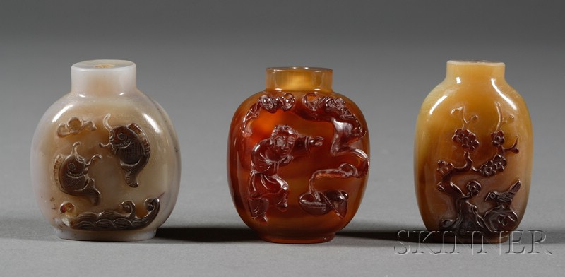 Appraisal: Three Shadow Agate Snuff Bottles carving of a pair of