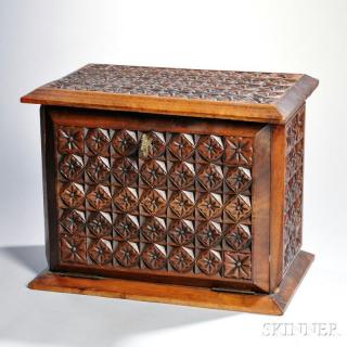 Appraisal: Elizabethan Revival-style Carved Box Continental or England drop-down front reveals