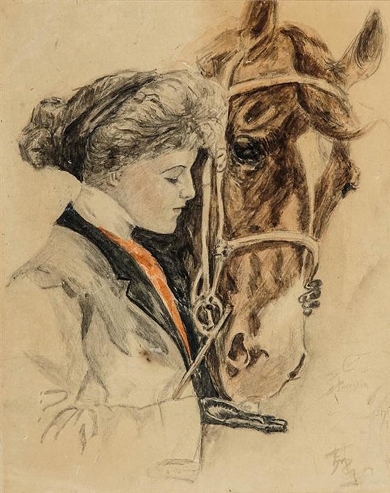 Appraisal: Harrison Fisher American - Woman with Horse Signed Harrison Fisher