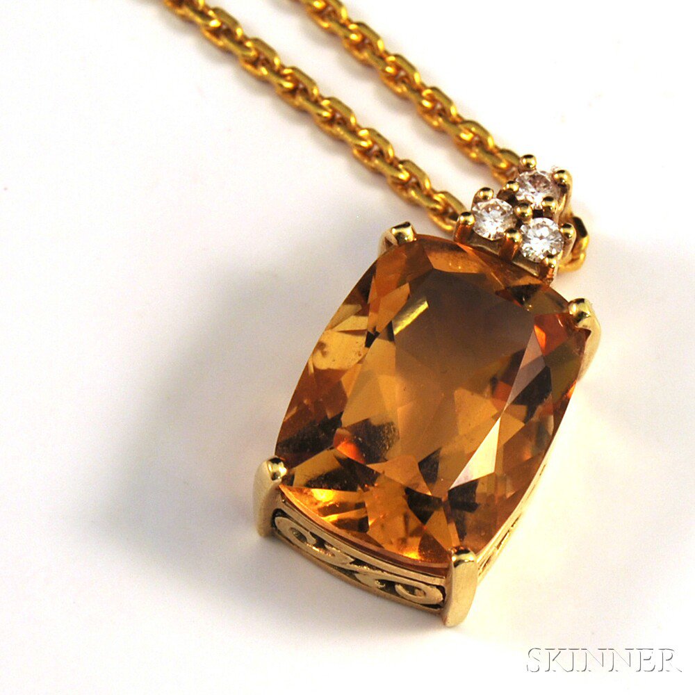 Appraisal: kt Gold Citrine and Diamond Pendant on Chain the faceted