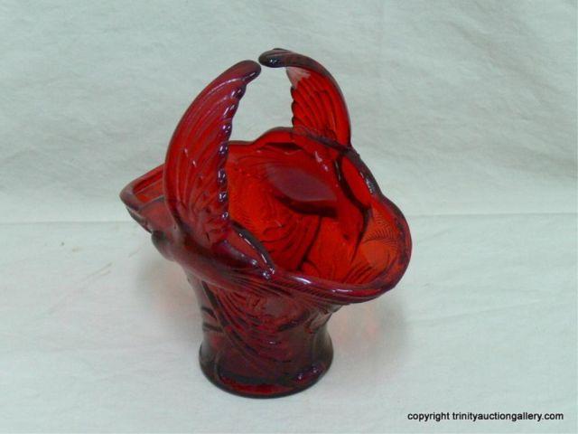 Appraisal: Red Pressed Glass Bird Pattern Basket - Basket is formed