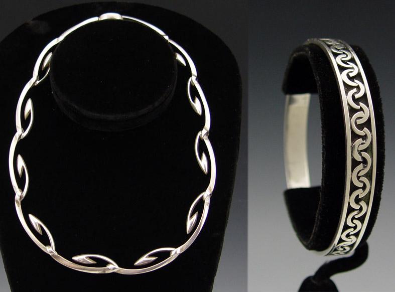 Appraisal: MEXICAN SILVER NECKLACE BRACELET To include Modern design necklace marked