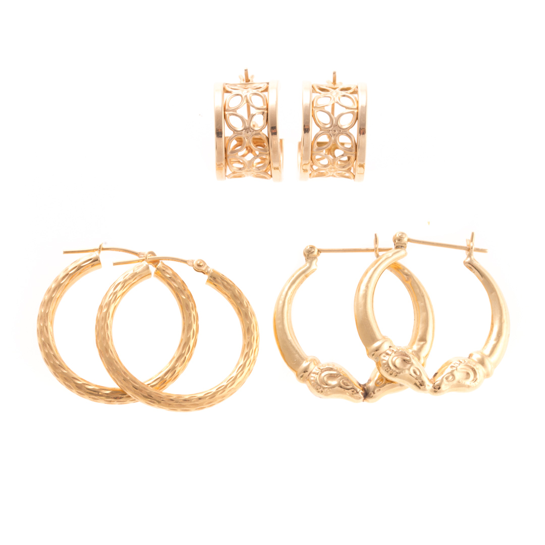 Appraisal: A Trio of Lady's K Gold Hoop Earrings Pair of