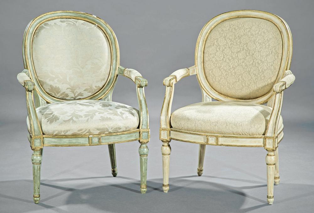 Appraisal: Pair of Louis XVI-Style Painted and Parcel Gilt Fauteuils th