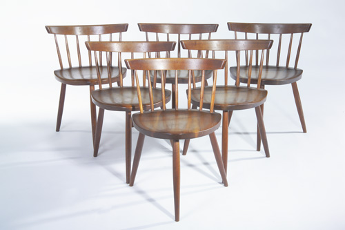 Appraisal: GEORGE NAKASHIMA Set of six walnut Mira chairs with spindles