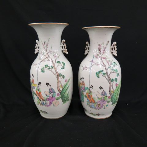 Appraisal: Pair of Chinese Porcelain Vases calligraphy women in garden scenes