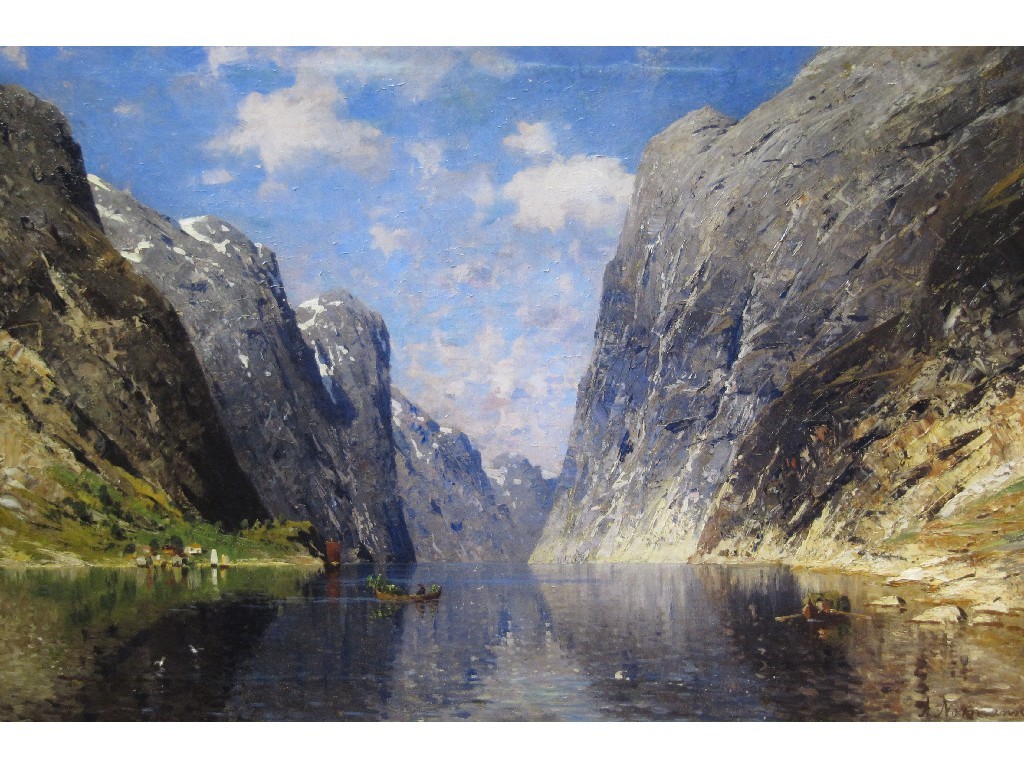 Appraisal: ADELSTEEN NORMANN - BOATS ON A FJORD Oil on canvas