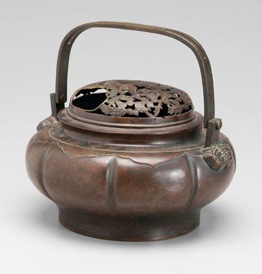 Appraisal: Japanese bronze censer melon form handle hinged to body with