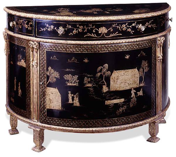 Appraisal: A George III style black and gold lacquered cabinet Of