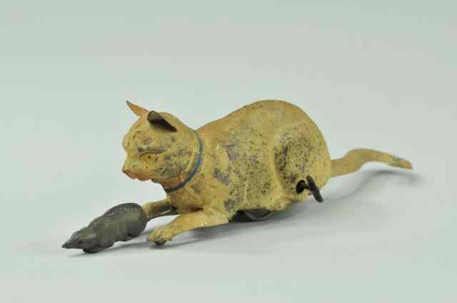 Appraisal: CAT CHASING MOUSE TOY German key wind activated hand painted