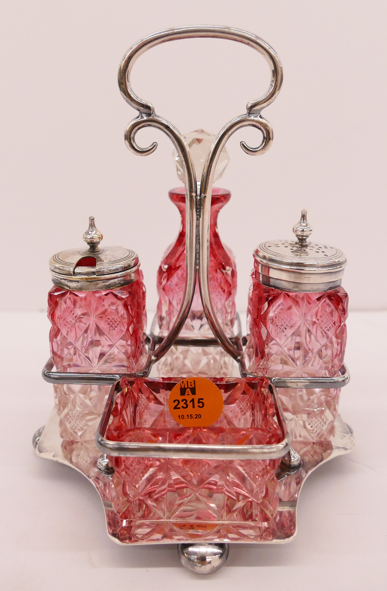 Appraisal: Antique J D Co Birmingham Cut Cranberry Glass Castor Set-