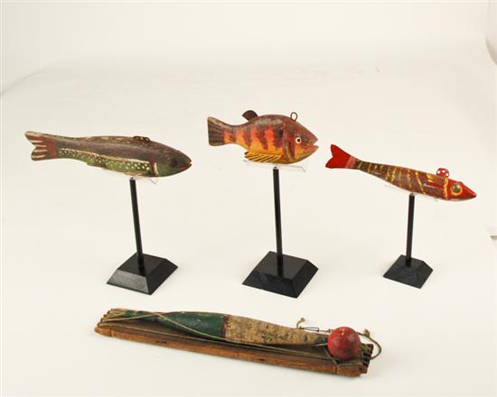 Appraisal: Three Painted Fish Decoys and a painted bobber float on