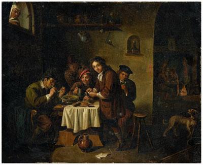 Appraisal: Painting follower of David Teniers tavern scene with peasants smoking