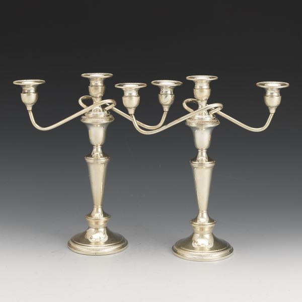 Appraisal: PAIR OF STERLING SILVER CONVERTIBLE THREE-LIGHT CANDELABRA x Pair of