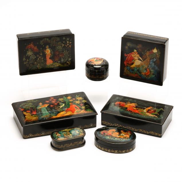 Appraisal: PALEKH SCHOOL SEVEN VINTAGE RUSSIAN LACQUER ART BOXES s assorted