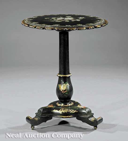 Appraisal: A Fine English Papier-M ch Mother-of-Pearl Inlaid Gilt and Paint-Decorated