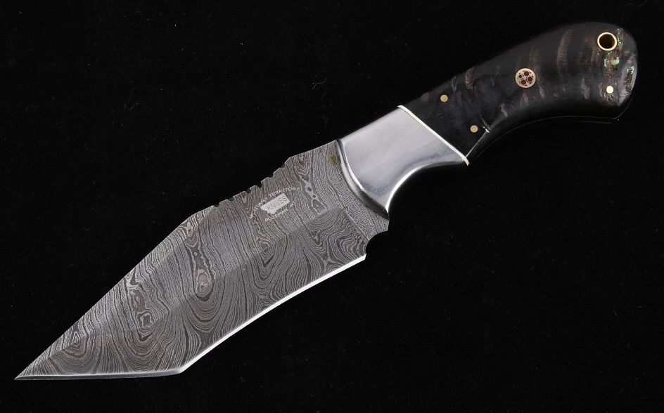 Appraisal: M T Knives Damascus and Rams Horn Tanto Knife This