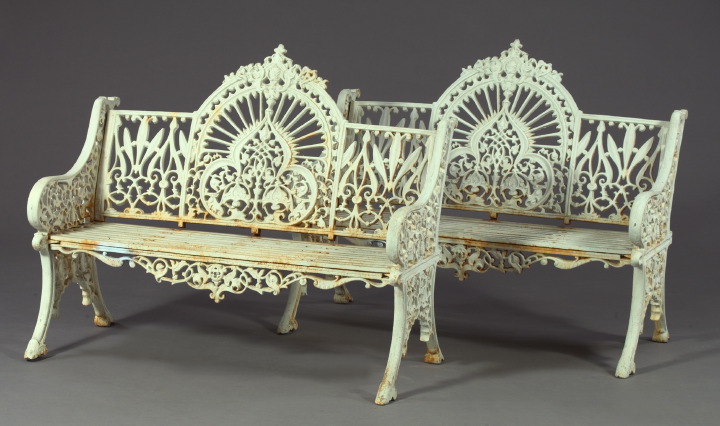 Appraisal: Pair of Victorian-Style White-Painted Cast-Iron Garden Benches the pierced back