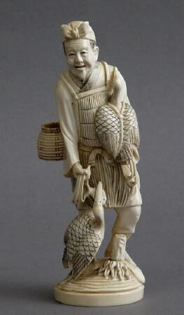 Appraisal: JAPANESE CARVED IVORY OKIMONO Modeled as a fisherman with basket