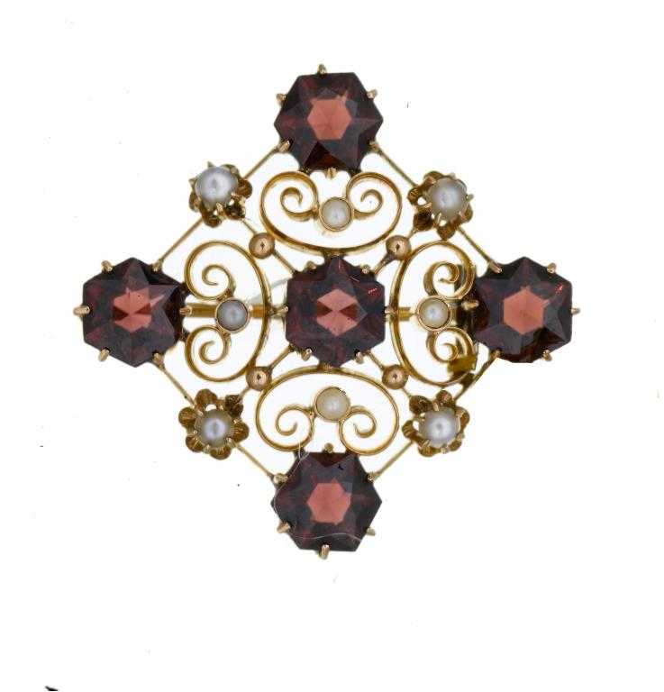 Appraisal: AN ANTIQUE GARNET AND SPLIT PEARL OPENWORK BROOCH of square