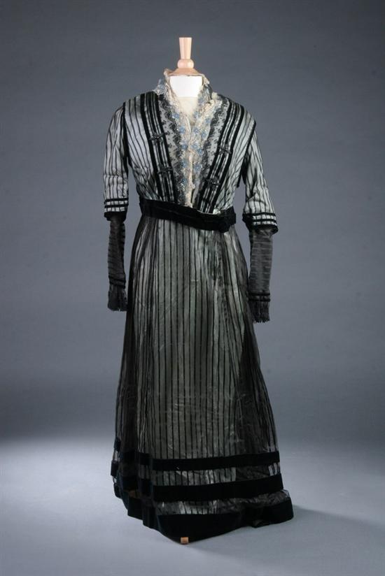 Appraisal: EDWARDIAN BLACK STRIPED SILK ORGANZA AND VELVET DAY DRESS circa